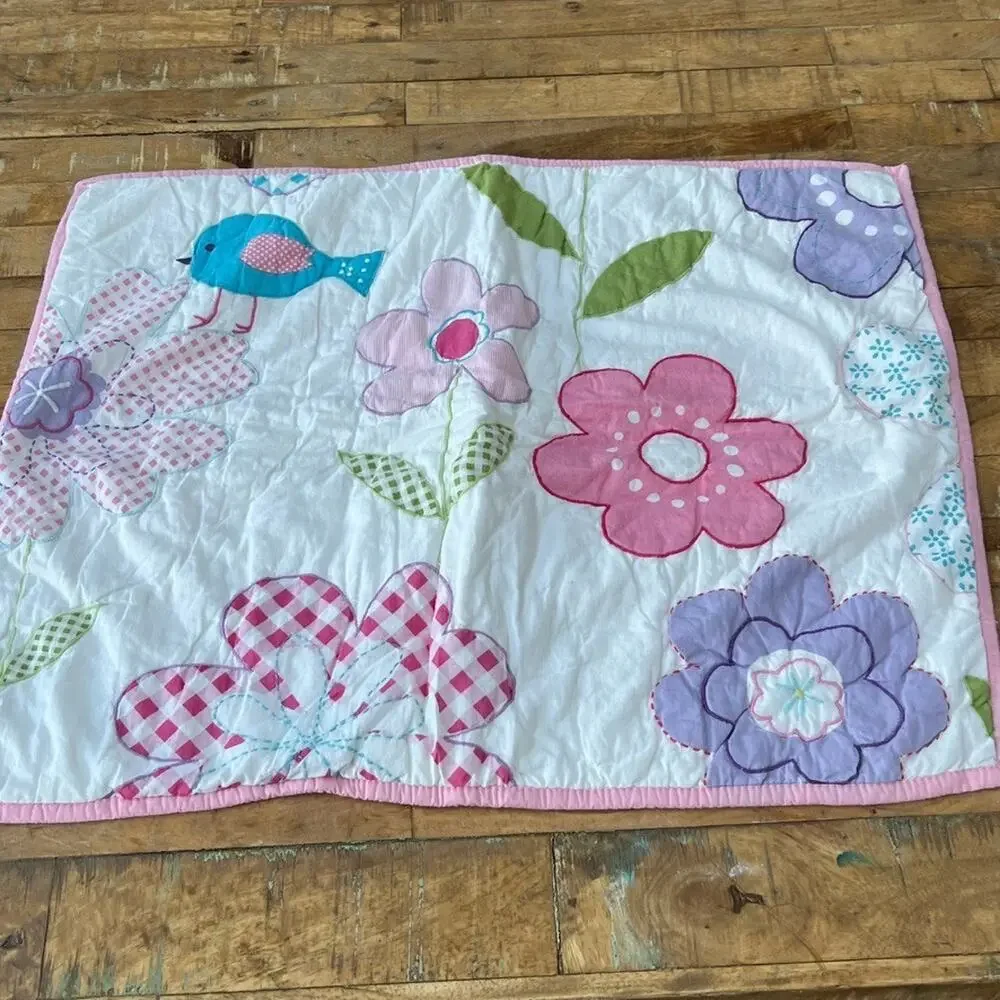 Pottery Barn Kids Quilted Pillow Sham Flowers Embroidered Standard Size